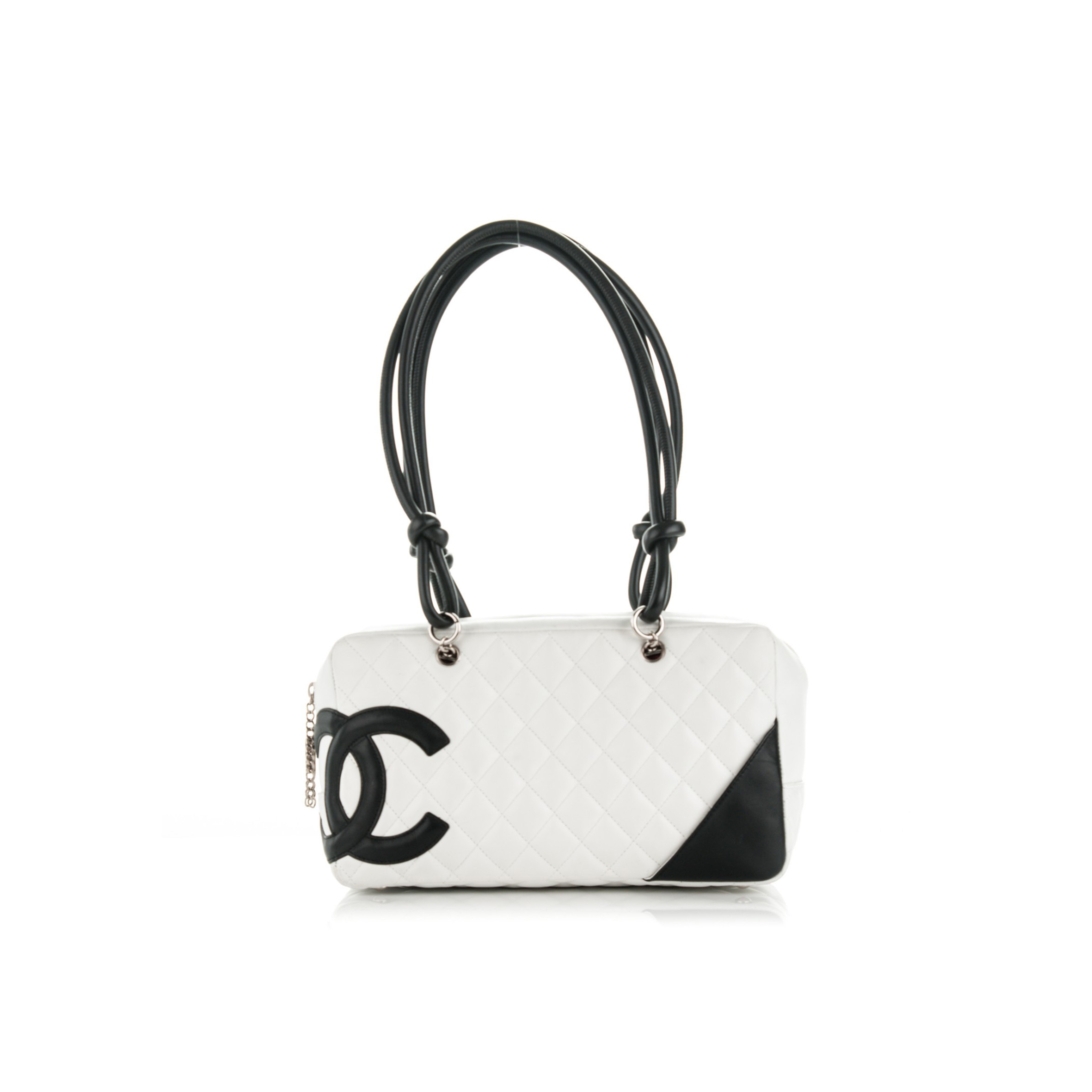 CHANEL CALFSKIN QUILTED LARGE CAMBON BOWLER WHITE BLACK 177008 (27*15*10cm)